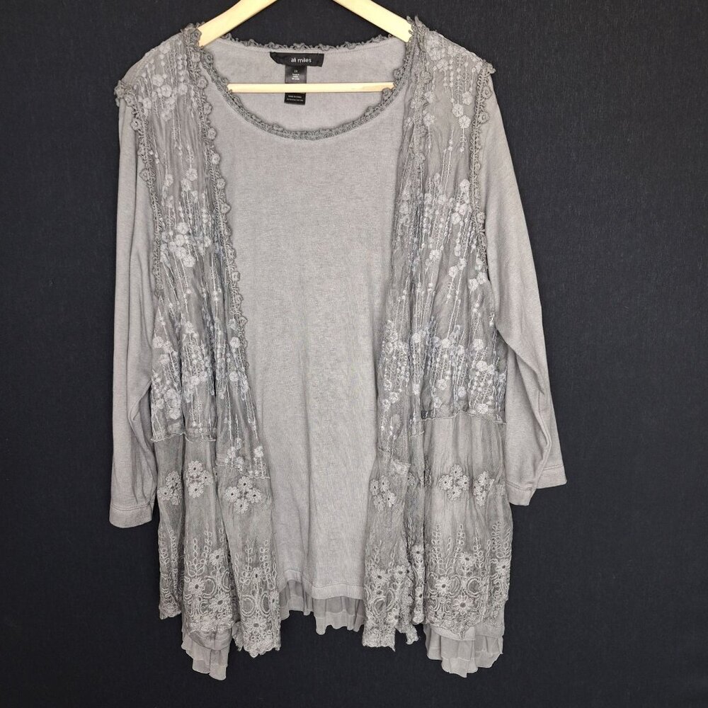 💙 Ali Miles Soft Slouchy Attached Lace Vest Shirt Size 2X Oversized Lagenlook C